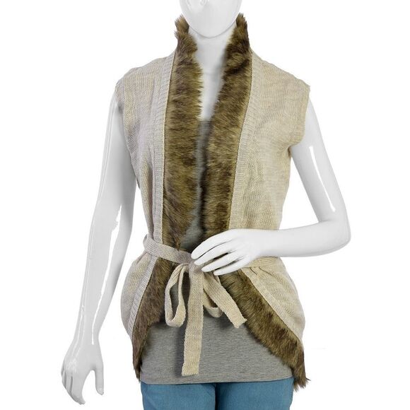Cardigan Faux Fur Sleeveless Off White Large - Picture 1 of 5